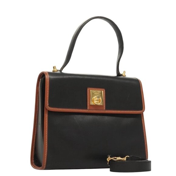 CELINE Hand Bag Leather 2way Black Gold Auth - Picture 1 of 16